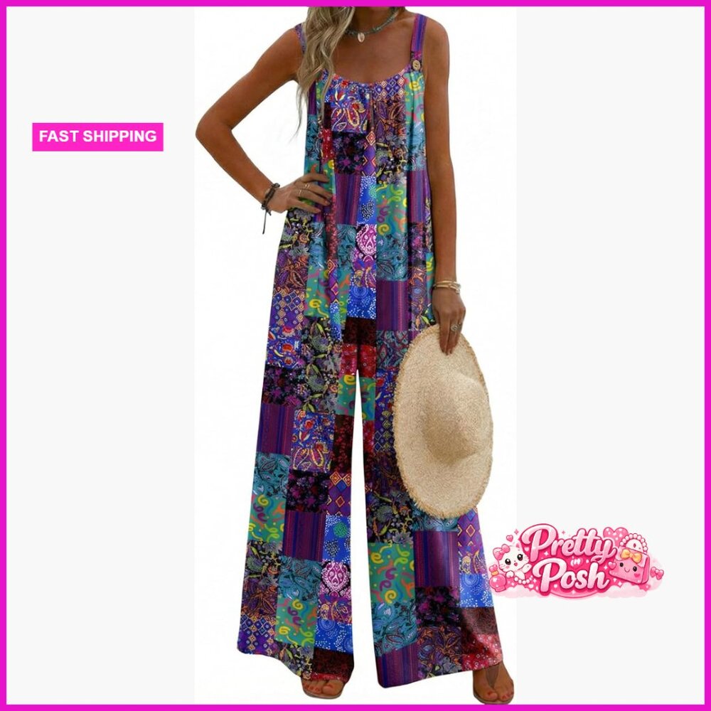 Polyester Overalls With Pockets, Loose Fit Jumpsuit For Summer